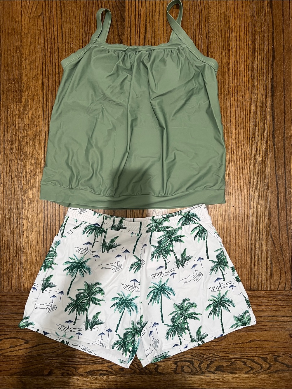 Sage Green Tankini Top with Palm Print Swim Shorts 2XL